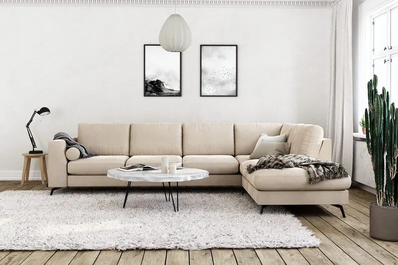 Ocean Lyx 4-seters Høyrevendt L-formet Sjeselongsofa i Fløyel - Beige - Møbler - Sofaer - Sofaer med sjeselong - 4 seters sofa med divan