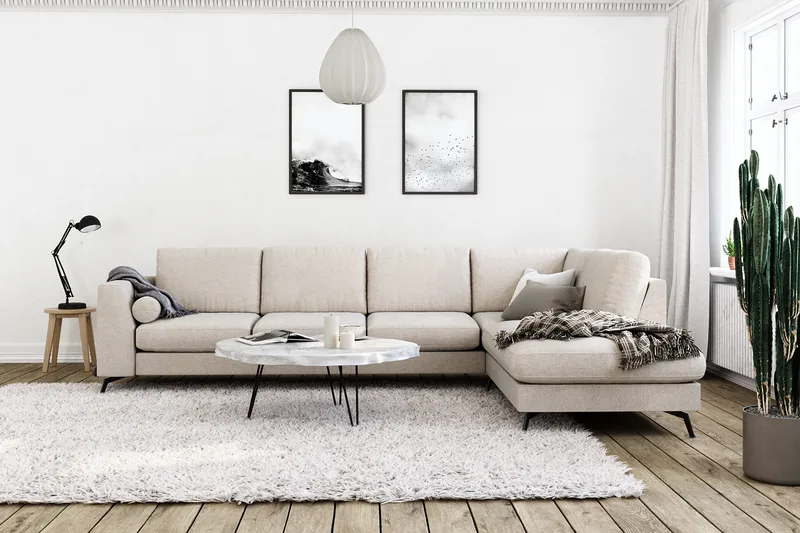 Ocean Lyx 4-seters Høyrevendt L-formet Sjeselongsofa i Stoff - Beige - Møbler - Sofaer - Sofaer med sjeselong - 4 seters sofa med divan