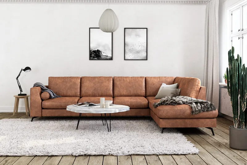 Ocean Lyx 5-seters Høyrevendt L-formet Sjeselongsofa i Kunstlær - Brun - Møbler - Sofaer - Sofaer med sjeselong - 4 seters sofa med divan