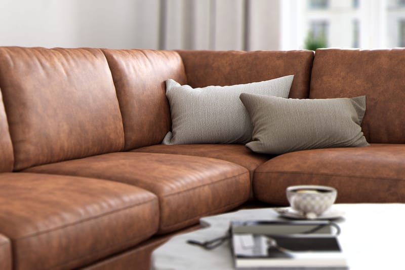Ocean Lyx 5-seters Høyrevendt L-formet Sjeselongsofa i Kunstlær - Brun - Møbler - Sofaer - Sofaer med sjeselong - 4 seters sofa med divan
