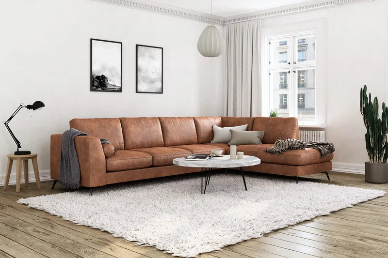 Ocean Lyx 5-seters Høyrevendt L-formet Sjeselongsofa i Kunstlær - Brun - Møbler - Sofaer - Sofaer med sjeselong - 4 seters sofa med divan