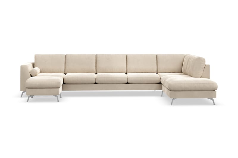 Ocean Lyx 6-seters Høyrevendt U-formet Sofa med Divan og Sjeselong + Fotskammel i Fløyel - Beige - Møbler - Sofaer - Sofaer med sjeselong