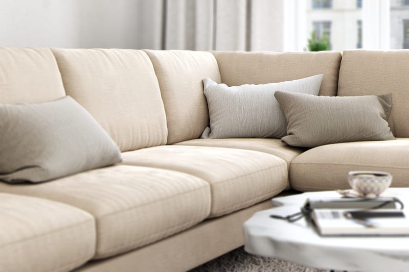 Ocean Lyx 6-seters Høyrevendt U-formet Sofa med Divan og Sjeselong + Fotskammel i Fløyel - Beige - Møbler - Sofaer - Sofaer med sjeselong
