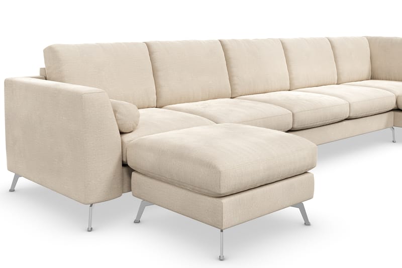 Ocean Lyx 6-seters Høyrevendt U-formet Sofa med Divan og Sjeselong + Fotskammel i Fløyel - Beige - Møbler - Sofaer - Sofaer med sjeselong