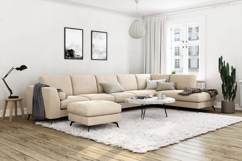Ocean Lyx 6-seters Høyrevendt U-formet Sofa med Divan og Sjeselong + Fotskammel i Fløyel - Beige - Møbler - Sofaer - Sofaer med sjeselong