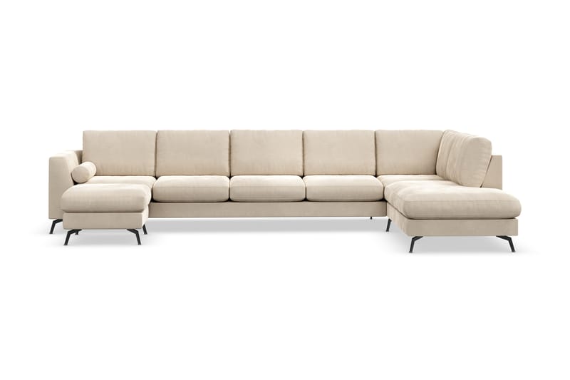 Ocean Lyx 6-seters Høyrevendt U-formet Sofa med Divan og Sjeselong + Fotskammel i Fløyel - Beige - Møbler - Sofaer - Sofaer med sjeselong