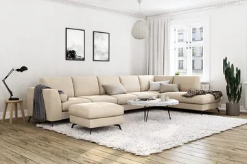 Ocean Lyx 6-seters Høyrevendt U-formet Sofa med Divan og Sjeselong + Fotskammel i Fløyel - Beige - Møbler - Sofaer - Fløyelssofaer