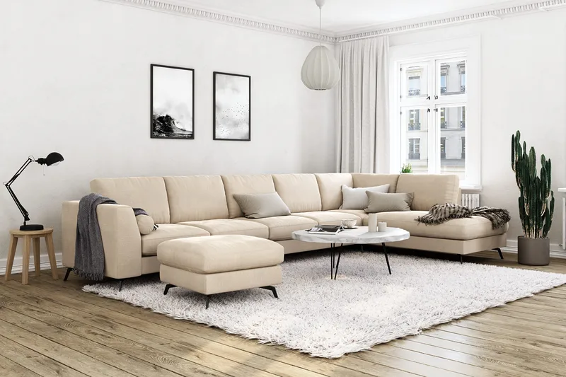 Ocean Lyx 6-seters Høyrevendt U-formet Sofa med Divan og Sjeselong + Fotskammel i Fløyel - Beige - Møbler - Sofaer - Fløyelssofaer
