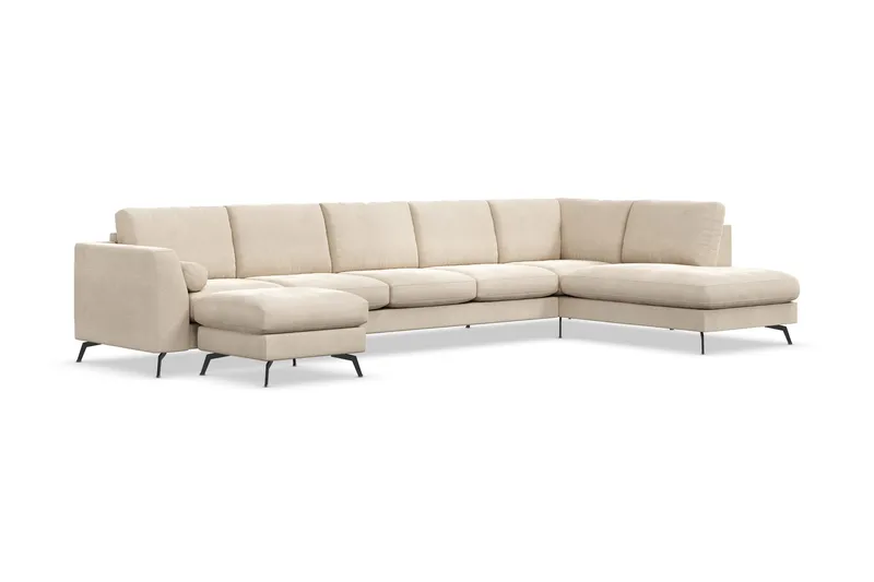 Ocean Lyx 6-seters Høyrevendt U-formet Sofa med Divan og Sjeselong + Fotskammel i Fløyel - Beige - Møbler - Sofaer - Fløyelssofaer