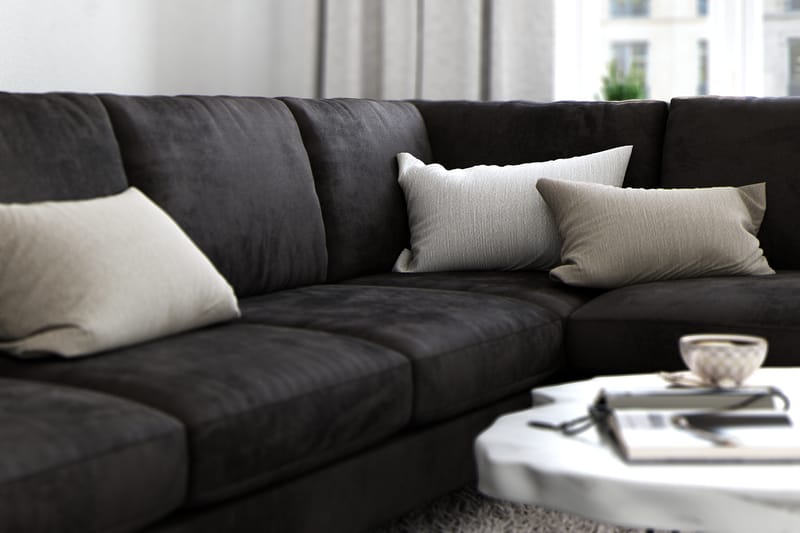 Ocean Lyx 6-seters Høyrevendt U-formet Sofa med Divan og Sjeselong + Fotskammel i Fløyel - Mørk grå - Møbler - Sofaer - Sofaer med sjeselong