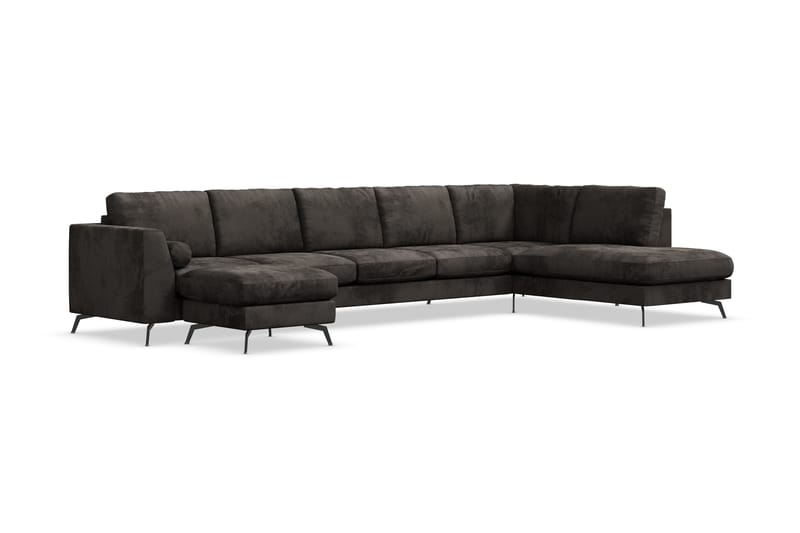 Ocean Lyx 6-seters Høyrevendt U-formet Sofa med Divan og Sjeselong + Fotskammel i Fløyel - Mørk grå - Møbler - Sofaer - Sofaer med sjeselong