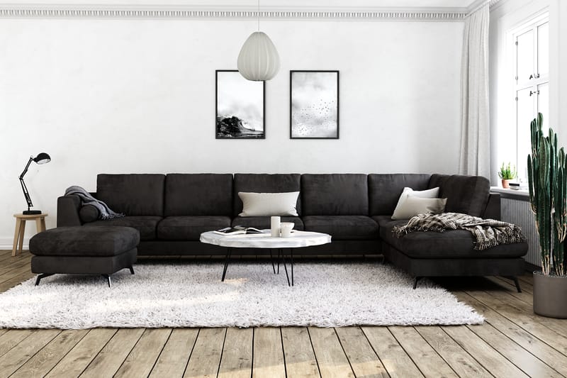 Ocean Lyx 6-seters Høyrevendt U-formet Sofa med Divan og Sjeselong + Fotskammel i Fløyel - Mørk grå - Møbler - Sofaer - Sofaer med sjeselong