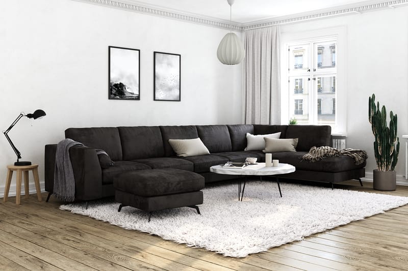 Ocean Lyx 6-seters Høyrevendt U-formet Sofa med Divan og Sjeselong + Fotskammel i Fløyel - Mørk grå - Møbler - Sofaer - Sofaer med sjeselong