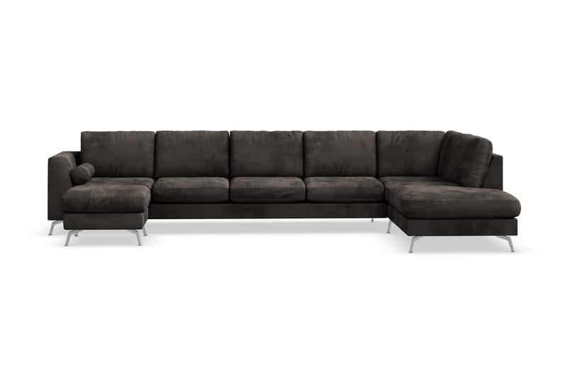 Ocean Lyx 6-seters Høyrevendt U-formet Sofa med Divan og Sjeselong + Fotskammel i Fløyel - Mørk grå - Møbler - Sofaer - Sofaer med sjeselong