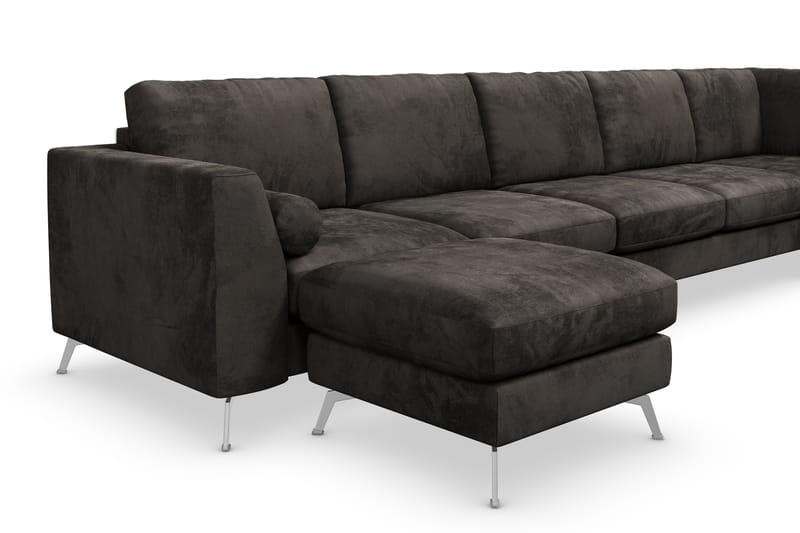 Ocean Lyx 6-seters Høyrevendt U-formet Sofa med Divan og Sjeselong + Fotskammel i Fløyel - Mørk grå - Møbler - Sofaer - Sofaer med sjeselong
