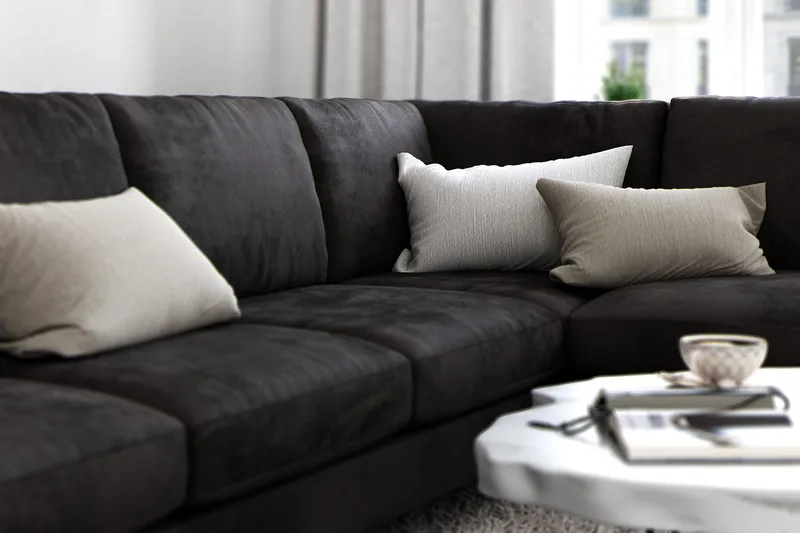 Ocean Lyx 6-seters Høyrevendt U-formet Sofa med Divan og Sjeselong + Fotskammel i Fløyel - Mørk grå - Møbler - Sofaer - Fløyelssofaer