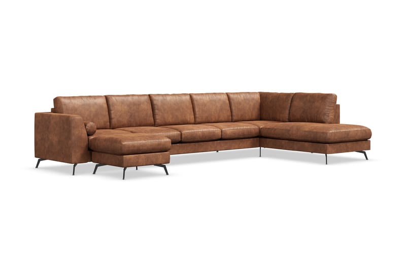 Ocean Lyx 6-seters Høyrevendt U-formet Sofa med Divan og Sjeselong + Fotskammel i Kunstlær - Brun - Møbler - Sofaer - Sofaer med sjeselong