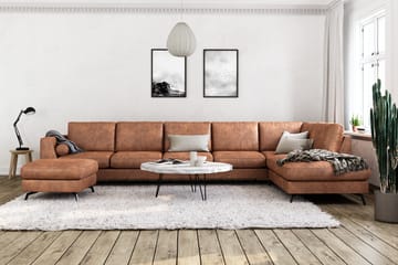 Ocean Lyx 6-seters Høyrevendt U-formet Sofa med Divan og Sjeselong + Fotskammel i Kunstlær - Brun - Møbler - Sofaer - Sofaer med sjeselong
