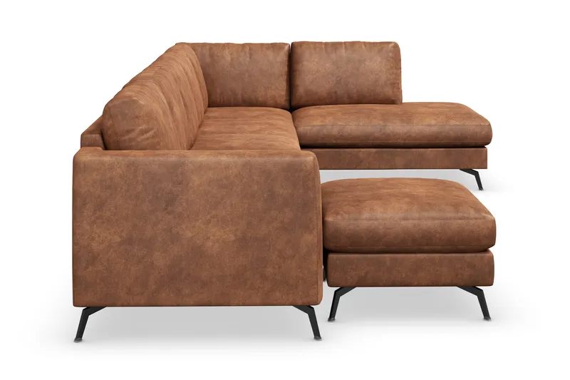 Ocean Lyx 6-seters Høyrevendt U-formet Sofa med Divan og Sjeselong + Fotskammel i Kunstlær - Brun - Møbler - Sofaer - Skinnsofaer