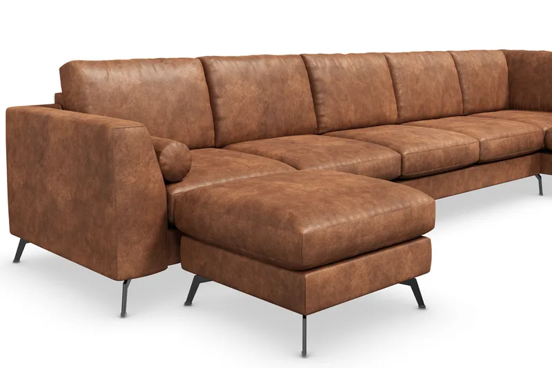 Ocean Lyx 6-seters Høyrevendt U-formet Sofa med Divan og Sjeselong + Fotskammel i Kunstlær - Brun - Møbler - Sofaer - Skinnsofaer