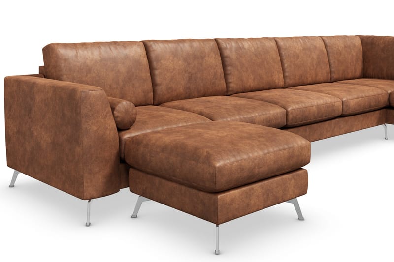 Ocean Lyx 6-seters Høyrevendt U-formet Sofa med Divan og Sjeselong + Fotskammel i Kunstlær - Brun - Møbler - Sofaer - Skinnsofaer