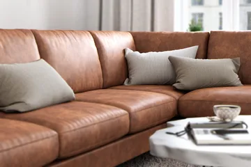 Ocean Lyx 6-seters Høyrevendt U-formet Sofa med Divan og Sjeselong + Fotskammel i Kunstlær - Brun - Møbler - Sofaer - Skinnsofaer