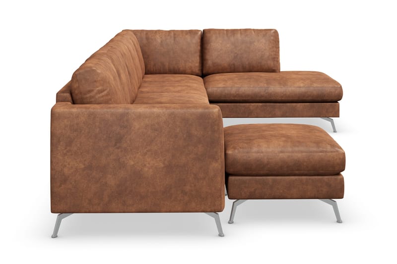 Ocean Lyx 6-seters Høyrevendt U-formet Sofa med Divan og Sjeselong + Fotskammel i Kunstlær - Brun - Møbler - Sofaer - Skinnsofaer