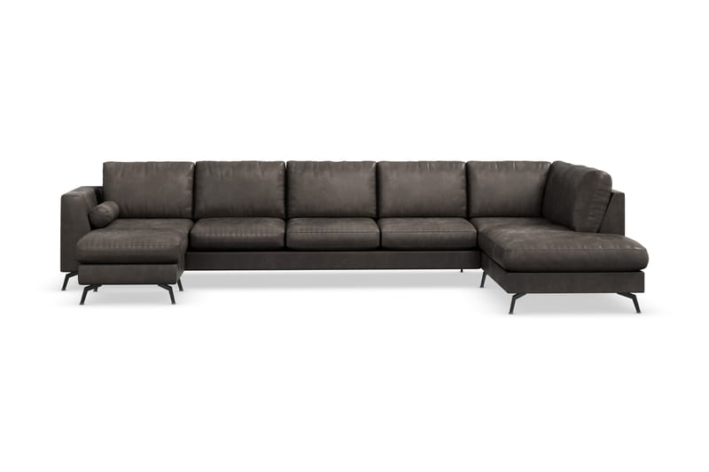 Ocean Lyx 6-seters Høyrevendt U-formet Sofa med Divan og Sjeselong + Fotskammel i Kunstlær - Mørk grå - Møbler - Sofaer - Sofaer med sjeselong