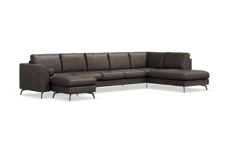 Ocean Lyx 6-seters Høyrevendt U-formet Sofa med Divan og Sjeselong + Fotskammel i Kunstlær - Mørk grå - Møbler - Sofaer - Sofaer med sjeselong