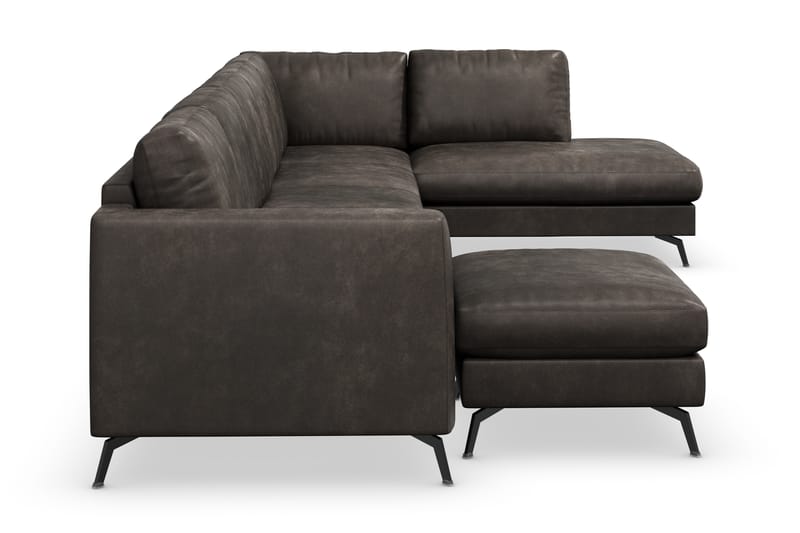 Ocean Lyx 6-seters Høyrevendt U-formet Sofa med Divan og Sjeselong + Fotskammel i Kunstlær - Mørk grå - Møbler - Sofaer - Sofaer med sjeselong