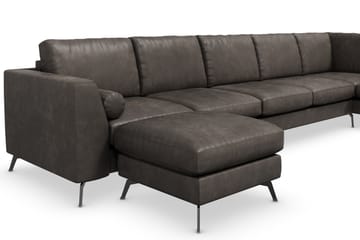 Ocean Lyx 6-seters Høyrevendt U-formet Sofa med Divan og Sjeselong + Fotskammel i Kunstlær - Mørk grå - Møbler - Sofaer - Sofaer med sjeselong