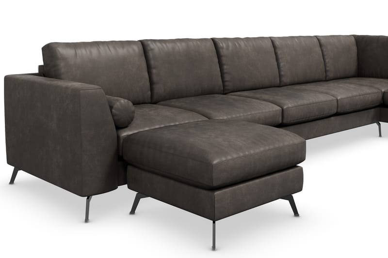 Ocean Lyx 6-seters Høyrevendt U-formet Sofa med Divan og Sjeselong + Fotskammel i Kunstlær - Mørk grå - Møbler - Sofaer - Sofaer med sjeselong