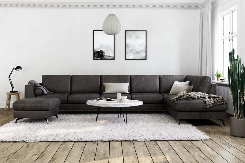 Ocean Lyx 6-seters Høyrevendt U-formet Sofa med Divan og Sjeselong + Fotskammel i Kunstlær - Mørk grå - Møbler - Sofaer - Sofaer med sjeselong