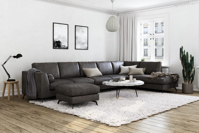 Ocean Lyx 6-seters Høyrevendt U-formet Sofa med Divan og Sjeselong + Fotskammel i Kunstlær - Mørk grå - Møbler - Sofaer - Sofaer med sjeselong