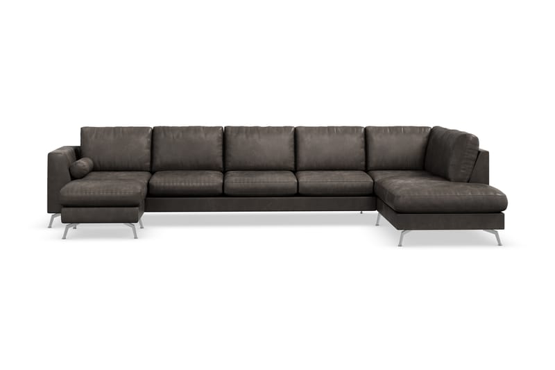 Ocean Lyx 6-seters Høyrevendt U-formet Sofa med Divan og Sjeselong + Fotskammel i Kunstlær - Mørk grå - Møbler - Sofaer - Sofaer med sjeselong
