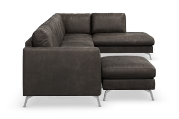 Ocean Lyx 6-seters Høyrevendt U-formet Sofa med Divan og Sjeselong + Fotskammel i Kunstlær - Mørk grå - Møbler - Sofaer - Sofaer med sjeselong