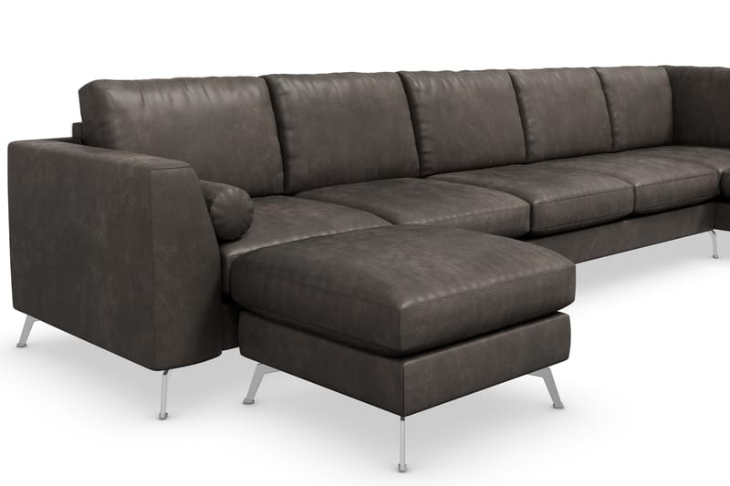 Ocean Lyx 6-seters Høyrevendt U-formet Sofa med Divan og Sjeselong + Fotskammel i Kunstlær - Mørk grå - Møbler - Sofaer - Sofaer med sjeselong