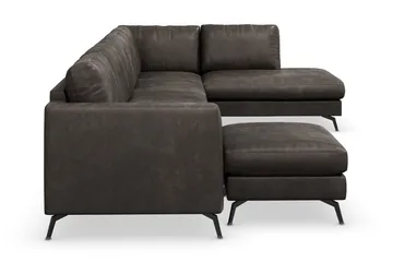 Ocean Lyx 6-seters Høyrevendt U-formet Sofa med Divan og Sjeselong + Fotskammel i Kunstlær - Mørk grå - Møbler - Sofaer - Skinnsofaer