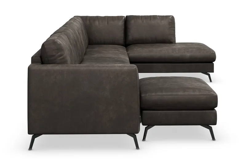 Ocean Lyx 6-seters Høyrevendt U-formet Sofa med Divan og Sjeselong + Fotskammel i Kunstlær - Mørk grå - Møbler - Sofaer - Skinnsofaer