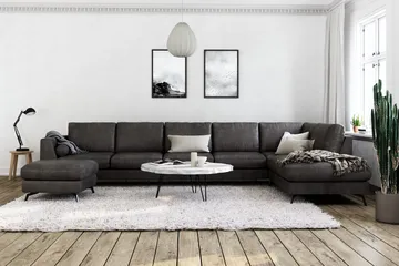 Ocean Lyx 6-seters Høyrevendt U-formet Sofa med Divan og Sjeselong + Fotskammel i Kunstlær - Mørk grå - Møbler - Sofaer - Skinnsofaer