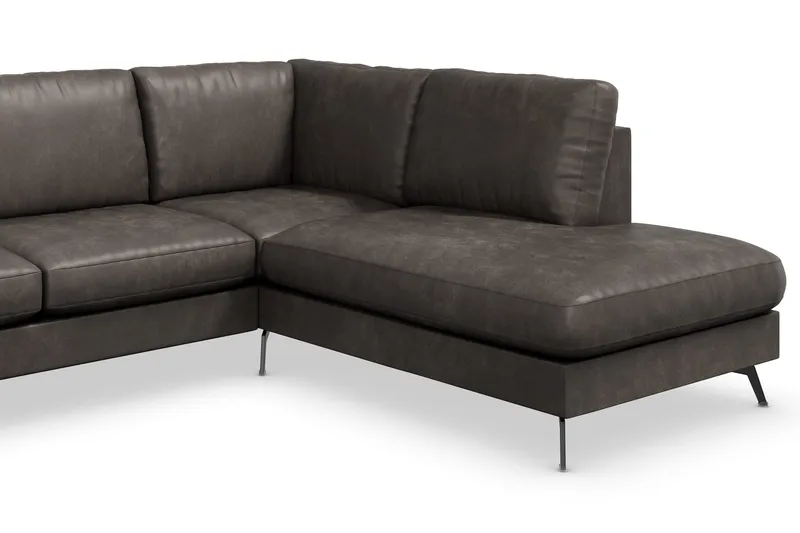 Ocean Lyx 6-seters Høyrevendt U-formet Sofa med Divan og Sjeselong + Fotskammel i Kunstlær - Mørk grå - Møbler - Sofaer - Skinnsofaer