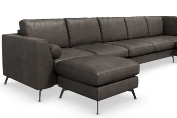 Ocean Lyx 6-seters Høyrevendt U-formet Sofa med Divan og Sjeselong + Fotskammel i Kunstlær - Mørk grå - Møbler - Sofaer - Skinnsofaer