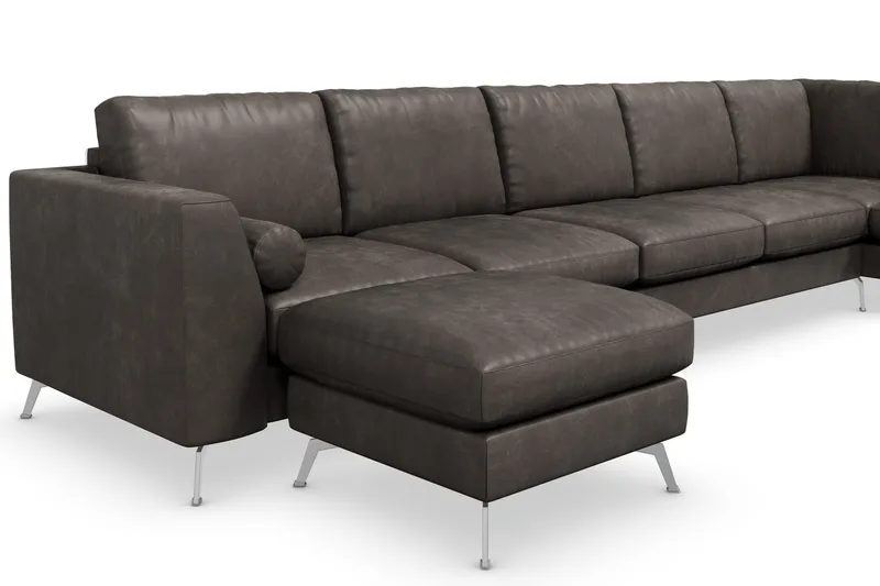 Ocean Lyx 6-seters Høyrevendt U-formet Sofa med Divan og Sjeselong + Fotskammel i Kunstlær - Mørk grå - Møbler - Sofaer - Skinnsofaer