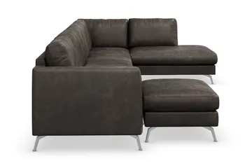 Ocean Lyx 6-seters Høyrevendt U-formet Sofa med Divan og Sjeselong + Fotskammel i Kunstlær - Mørk grå - Møbler - Sofaer - Skinnsofaer