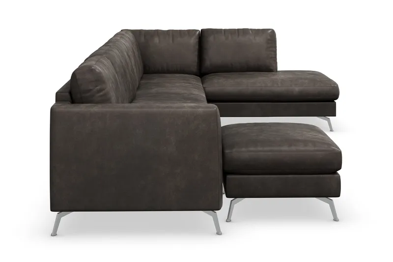 Ocean Lyx 6-seters Høyrevendt U-formet Sofa med Divan og Sjeselong + Fotskammel i Kunstlær - Mørk grå - Møbler - Sofaer - Skinnsofaer