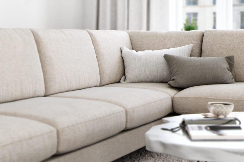 Ocean Lyx 6-seters Høyrevendt U-formet Sofa med Divan og Sjeselong + Fotskammel i Stoff - Beige - Møbler - Sofaer - Sofaer med sjeselong