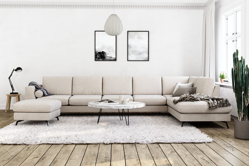 Ocean Lyx 6-seters Høyrevendt U-formet Sofa med Divan og Sjeselong + Fotskammel i Stoff - Beige - Møbler - Sofaer - Sofaer med sjeselong
