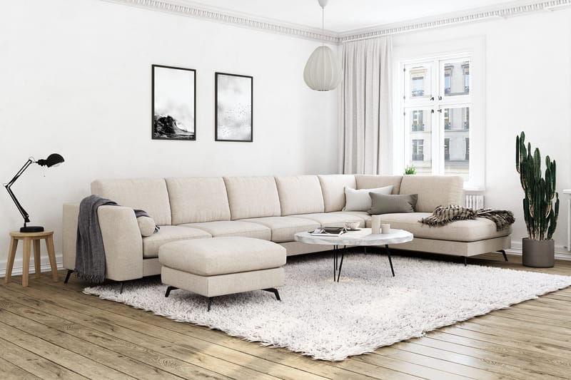 Ocean Lyx 6-seters Høyrevendt U-formet Sofa med Divan og Sjeselong + Fotskammel i Stoff - Beige - Møbler - Sofaer - Sofaer med sjeselong
