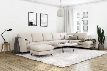 Ocean Lyx 6-seters Høyrevendt U-formet Sofa med Divan og Sjeselong + Fotskammel i Stoff - Beige - Møbler - Sofaer - U-sofa