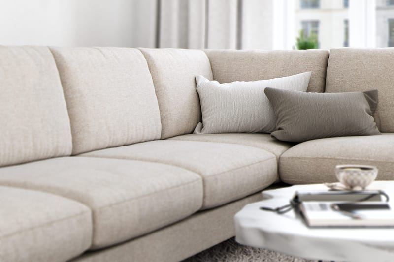 Ocean Lyx 6-seters Høyrevendt U-formet Sofa med Divan og Sjeselong + Fotskammel i Stoff - Beige - Møbler - Sofaer - U-sofa